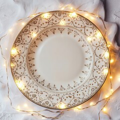 Poster - White background showcasing an isolated Eid dessert and lights.