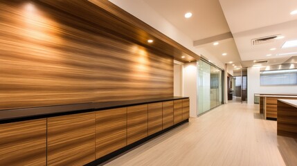 Poster - Modern office interior featuring wooden cabinetry and glass partitions, showcasing a clean workspace