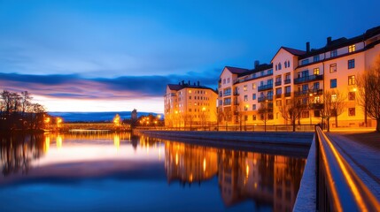 Wall Mural - serene twilight view of illuminated building along a calm river reflecting the sky