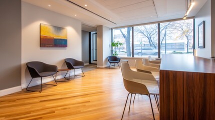 Poster - Modern office interior featuring stylish seating, large windows, and a vibrant artwork backdrop