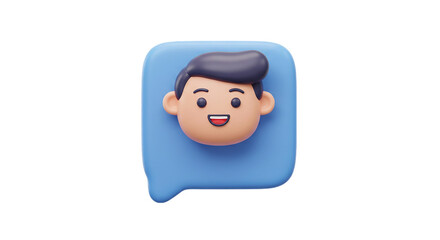Aufkleber - 3D smiling male avatar inside a blue chat bubble icon isolated on white background, perfect for messaging apps, social media comments, user interaction visuals, and online communication tools