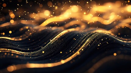 Poster - Golden particle wave flow with blurred bokeh, elegant dark and light design