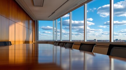 Poster - Modern conference room with wooden table, large windows showcasing a city skyline and clouds
