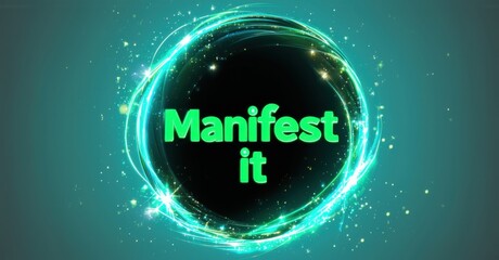 Aufkleber - Bright graphic design features text Manifest it within glowing circular layers. Teal, green hues dominate image, creating dynamic visual effect.