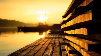 Wall Mural - serene sunset over a wooden dock with stacked planks and boats in the background