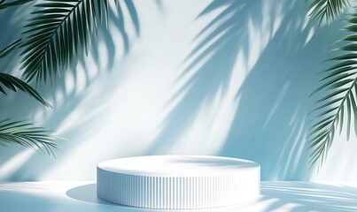 Poster - Minimalist white round podium with ribbed texture, set against a soft blue background with palm leaf shadows. Ideal for product display, branding, cosmetics, and luxury presentations, 