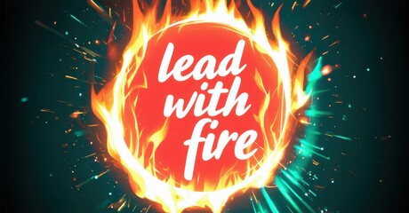 Fototapete - Red circle engulfed in flames. Text reads lead with fire. Bright sparks radiate outward against teal background. Motivational imagery.