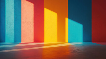 Aufkleber - Bright Colorful Wall with Sunlight Shadows Creating a Vibrant Indoor Space