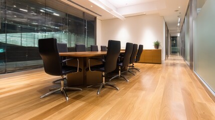 Aufkleber - Modern conference room with wooden table and chairs, glass walls, and bright lighting