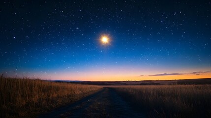 a single glowing star in the night sky shining brightly over a tranquil landscape filled with promis