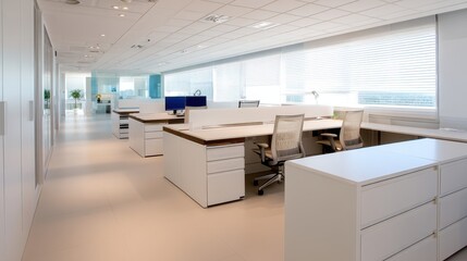 Aufkleber - Modern office interior showcasing spacious workstations and natural light streaming through windows