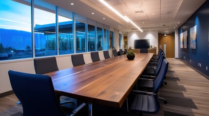 Poster - Modern conference room with a large wooden table, ergonomic chairs, and panoramic windows