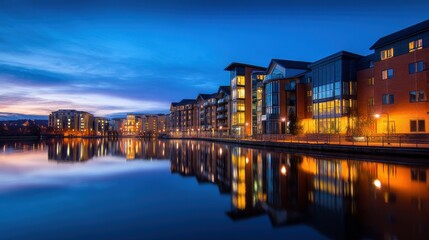 Wall Mural - serene waterfront view of modern residential building reflecting in calm waters at dusk