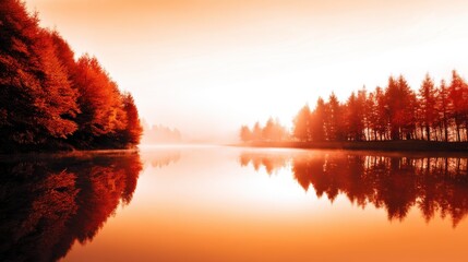Wall Mural - serene autumn landscape at sunrise with vibrant orange foliage reflecting in calm water