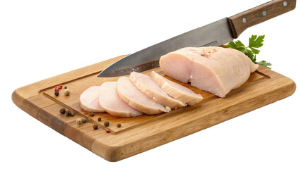 Poster - Sliced chicken breast on wooden cutting board with knife, surrounded by peppercorns and parsley, creating fresh and appetizing presentation