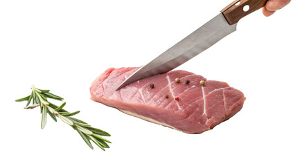 Poster - sharp knife scores raw duck breast, seasoned with peppercorns, next to sprig of fresh rosemary, highlighting culinary preparation