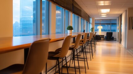 Poster - Modern office interior with a long wooden counter, chairs, and large windows overlooking a cityscape