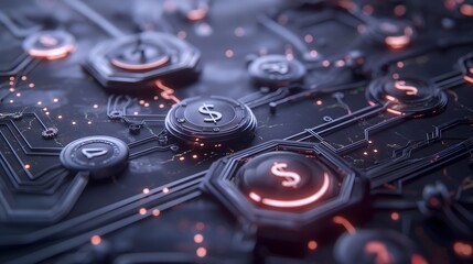 Poster - A digital finance hub concept with AR visualizations of real-time global transactions, glowing network lines linking continents, floating currency icons and financial dashboards