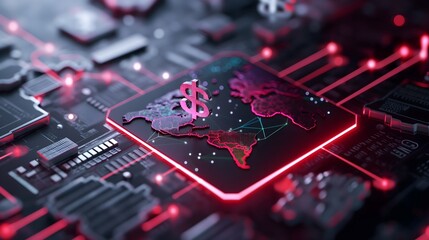 Poster - A futuristic augmented reality display of global financial transactions, floating holographic currency symbols, real-time graphs, and data charts hovering above a digital world map