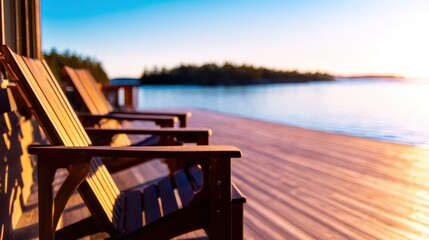 Canvas Print - Serene lakeside view at sunset with wooden chairs on the deck overlooking calm waters