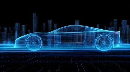 Fototapete - Futuristic Blue Wireframe Car Design with Digital City Background