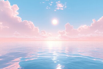 pastel sky and sea. soft pink clouds above a calm, light blue water surface