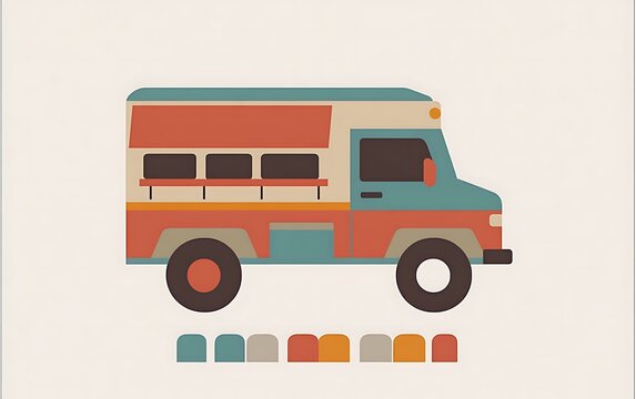 This design features a food truck with a minimalist style and a muted color palette, showcasing simplicity, A vibrant color palette used in a minimalist gym logo design ,