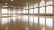 © Play - Sunlit dance studio interior with expansive mirror and polished wood floor