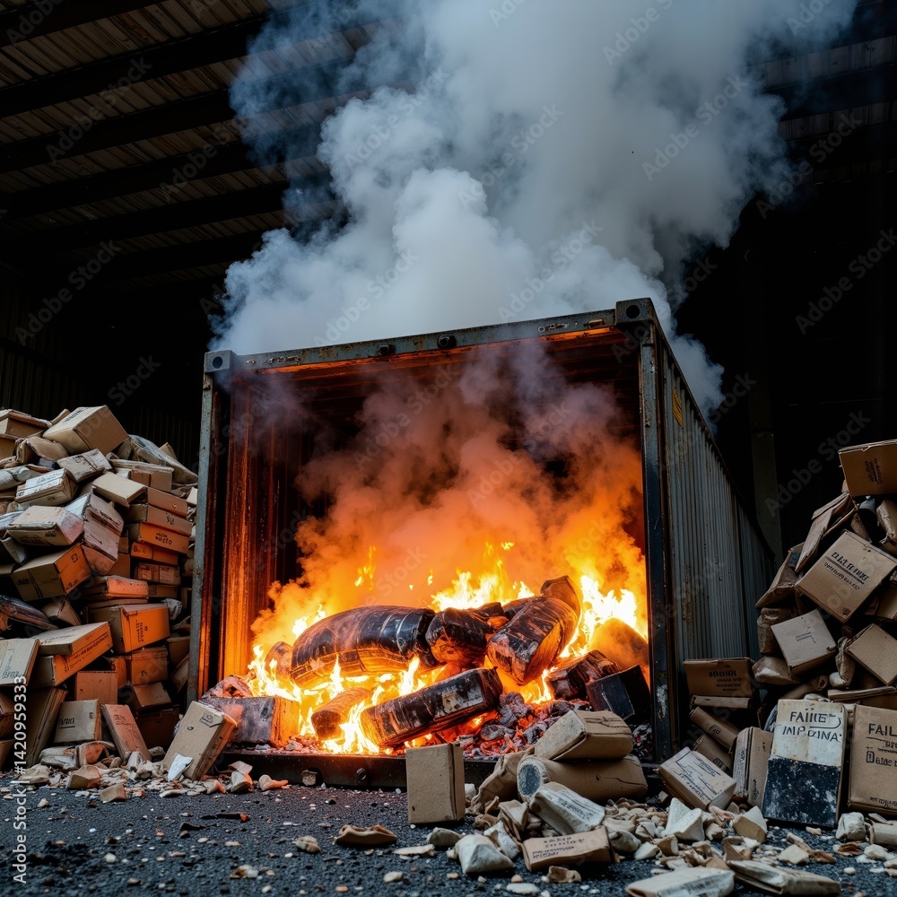 Container fire burning debris in industrial warehouse setting Stock ...