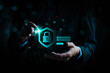 © Sutthiphong - Cybersecurity and data protection concept with businessman securing online login. Digital shield with lock icon for privacy, authentication, secure access, and information security technology.