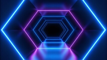Poster - 3d render, abstract violet blue neon background. Dark empty room with glowing floor. Empty ice arena. Futuristic digital scene with vibrant lights and reflections in a surreal cyber environment.