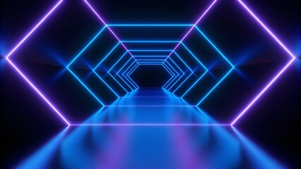 Poster - 3d render, abstract violet blue neon background. Dark empty room with glowing floor. Empty ice arena. Futuristic digital scene with vibrant lights and reflections in a surreal cyber environment.
