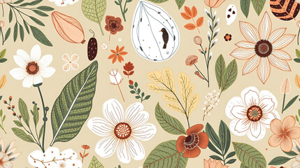 Illustration seamless pattern of nature elements in hand-drawn style