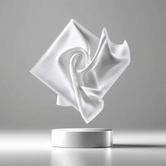 Poster - Elegant White Fabric Drape on a Cylinder Pedestal: A Study in Minimalism and Motion Capture in Studio Setting