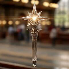 Aufkleber - Shining Star Scepter: A radiant crystal star atop an intricately decorated scepter, emanating light in a blurred, elegant setting.