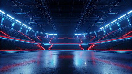 Poster - Empty red and blue neon light stadium background for E-sport game battle, futuristic arena glowing lights digital stage cyberspace competition sci-fi virtual gaming concept vibrant energy