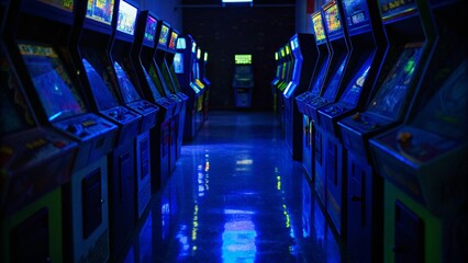 Fototapete - Old vintage arcade video games in an empty dark gaming room with blue light with glowing displays and beautiful retro design, nostalgic neon-lit space with classic machines and pixel screens