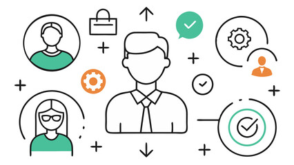 Poster - Set of business icons in editable line style showcasing corporate people and teamwork, ideal for websites, presentations, and business communication tools.