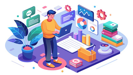 Poster - A focused character is engaged in content creation while analyzing data with artificial intelligence tools to boost engagement and streamline media production tasks.