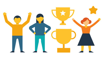Poster - A group of characters is joyfully celebrating a major achievement near a golden award trophy to mark their success and dedication in a competitive creative field.