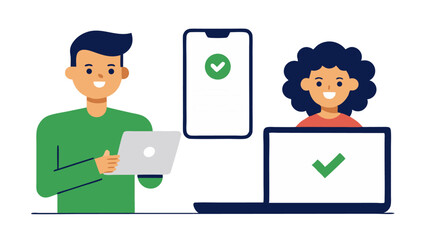 Poster - Characters are collaborating while holding a smartphone and laptop, typing and interacting with digital tools to communicate and build innovative creative projects.