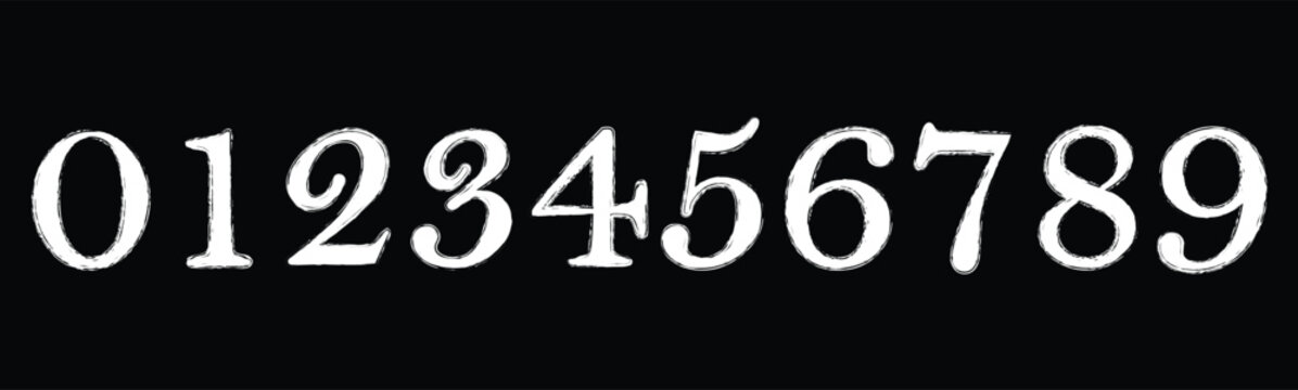 Set of brush stroke, marker textured numbers. Numbers 1, 2, 3, 4, 5, 6, 7, 8, 9, 0. Stylish hand draw brush painted numbers set. Bold brush drawn grunge. Dirty texture vector. Rough brush strokes.  