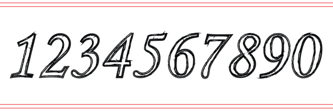 Set of brush stroke, marker textured numbers. Numbers 1, 2, 3, 4, 5, 6, 7, 8, 9, 0. Stylish hand draw brush painted numbers set. Bold brush drawn grunge. Dirty texture vector. Rough brush strokes.  