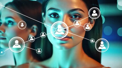 Poster - Data processing visualization overlaying a woman's profile in a serene aquatic environment, data processing and diagrams over caucasian female friends in swimming pool