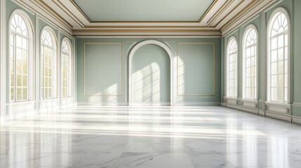 Poster - A luxurious interior room with large arched windows and detailed design