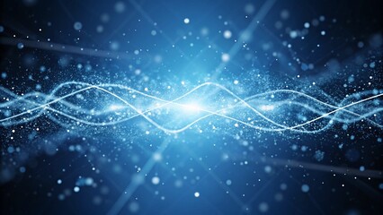 Fototapete - Blue background, digital signature with wave particles, sparkle, veil and space with depth of field. The particles are white light lines, futuristic energy motion, glowing abstract elements