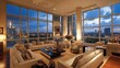 © PRIMPROW - Sophisticated penthouse living room with chic furniture, luxury finishes, and floor-to-ceiling windows overlooking a cityscape