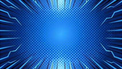 Fototapete - Comic Blue Background With lightning Power Fx Illustration of a powerful comics like page layout background with rays and halftone dots focus on center, superhero theme dynamic energy scene