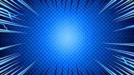 Fototapete - Comic Blue Background With lightning Power Fx Illustration of a powerful comics like page layout background with rays and halftone dots focus on center, superhero theme dynamic energy scene