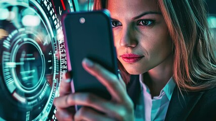 Poster - Caucasian businesswoman engaging with digital interface while scanning data in a modern office environment, scope scanning over caucasian businesswoman using smartphone
